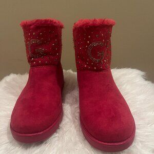 Beautiful GBG Los Angeles pink faux fur boots with bronze rhinestone 8M